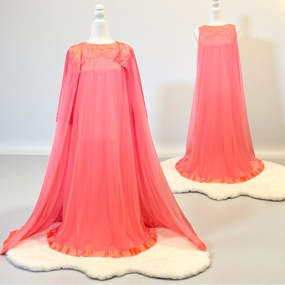 Vintage Artemis Gossard Pink Coral Silky Satin Sheer Chiffon Maxi Gown Robe Set - Picture 4 of 13